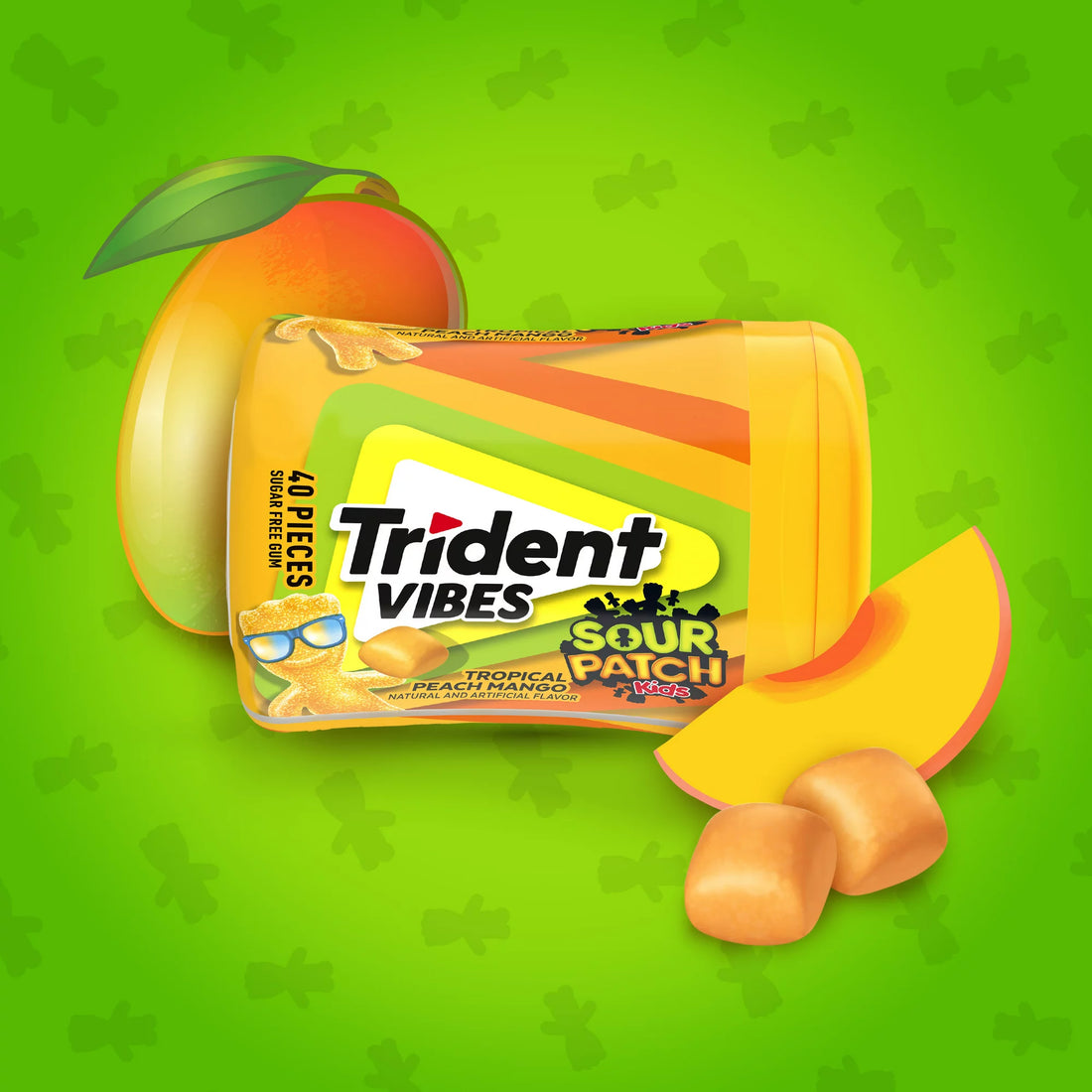 Trident Vibes SOUR PATCH KIDS Tropical Peach Mango Sugar Free Gum, Bote 40 chicles