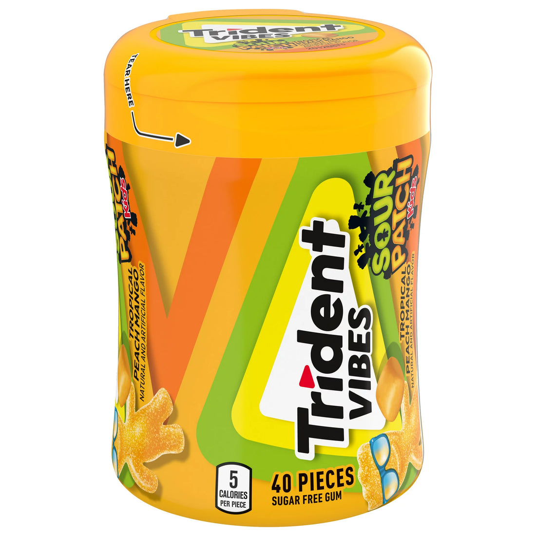 Trident Vibes SOUR PATCH KIDS Tropical Peach Mango Sugar Free Gum, Bote 40 chicles