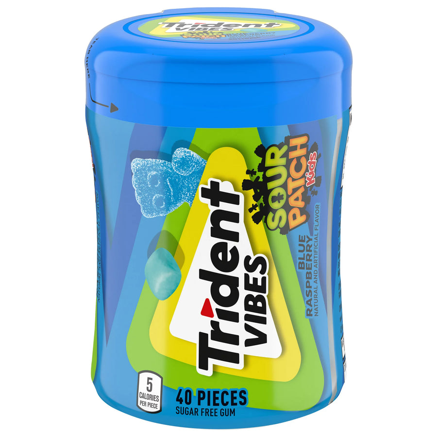 Trident Vibes Sour Patch Kids Blue Raspberry Sugar Free Gum, Bote 40 Chicles