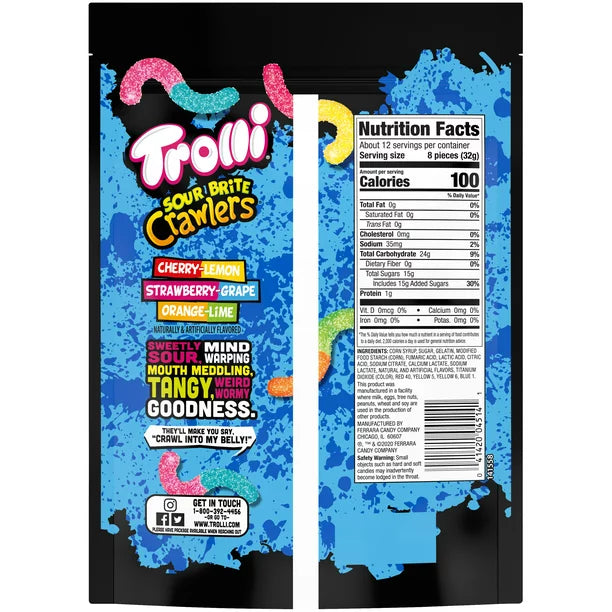 Trolli Sour Brite Crawlers, Candy, Cherry-Lemon, Strawberry-Grape & Orange-Lime, Sweet and Sour, Gummy Worms, 14 oz